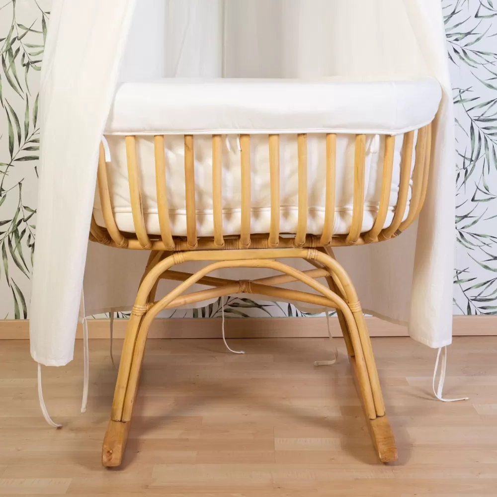Clearance Childhome Rattan Wieg - 90X70X71 Cm + Matras - 77X42X4 Cm - Jersey Hoes Ecru - Schommelpoten