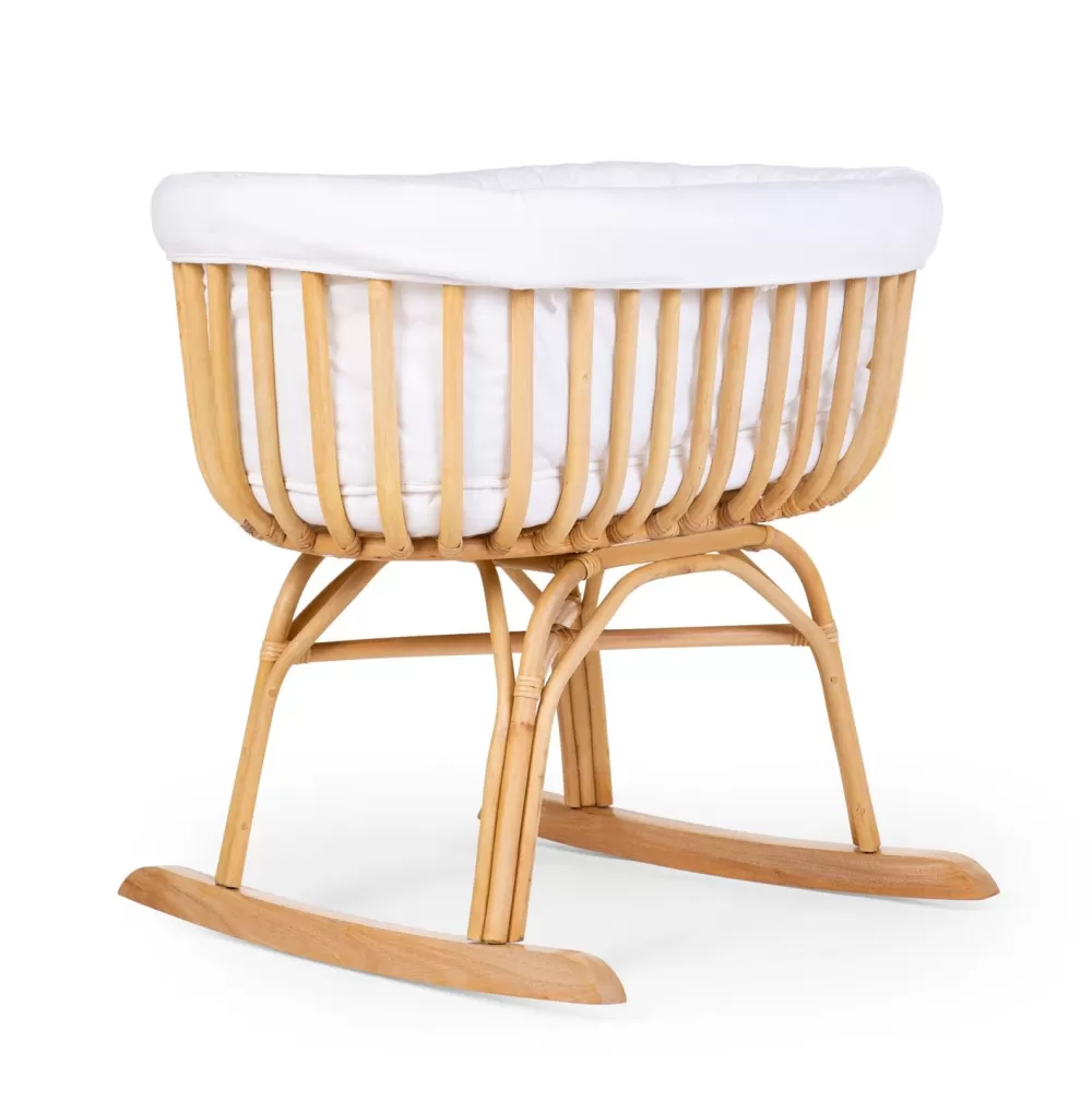 Clearance Childhome Rattan Wieg - 90X70X71 Cm + Matras - 77X42X4 Cm - Jersey Hoes Ecru - Schommelpoten
