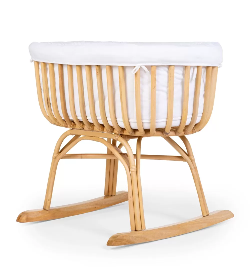 Clearance Childhome Rattan Wieg - 90X70X71 Cm + Matras - 77X42X4 Cm - Jersey Hoes Ecru - Schommelpoten