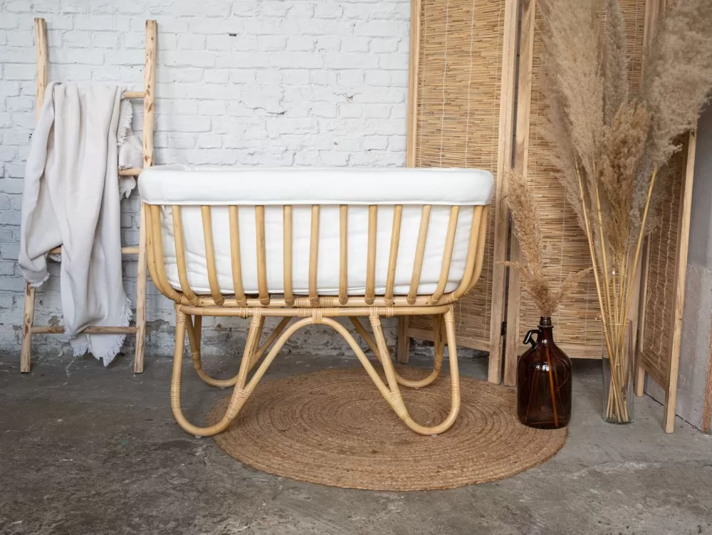 New Childhome Rattan Wieg Rechthoekig - 90X50X70 Cm + Jersey Omrander Ecru - Matras - 81X42X5 Cm