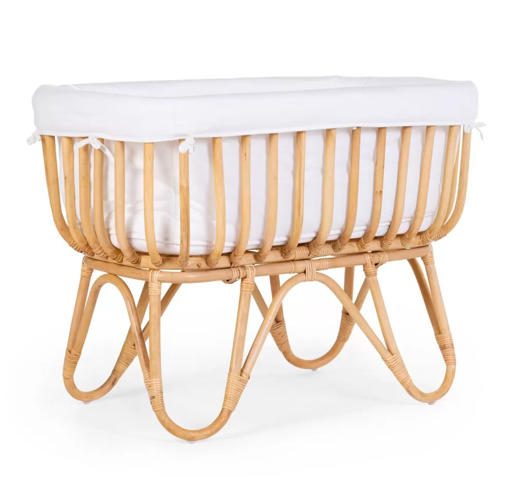 New Childhome Rattan Wieg Rechthoekig - 90X50X70 Cm + Jersey Omrander Ecru - Matras - 81X42X5 Cm