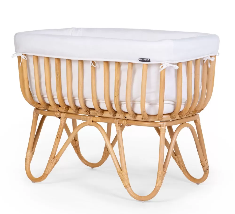 New Childhome Rattan Wieg Rechthoekig - 90X50X70 Cm + Jersey Omrander Ecru - Matras - 81X42X5 Cm