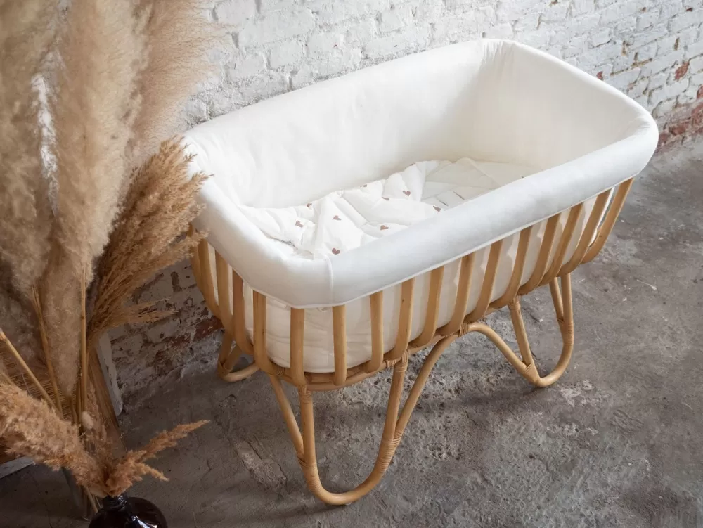 New Childhome Rattan Wieg Rechthoekig - 90X50X70 Cm + Jersey Omrander Ecru - Matras - 81X42X5 Cm