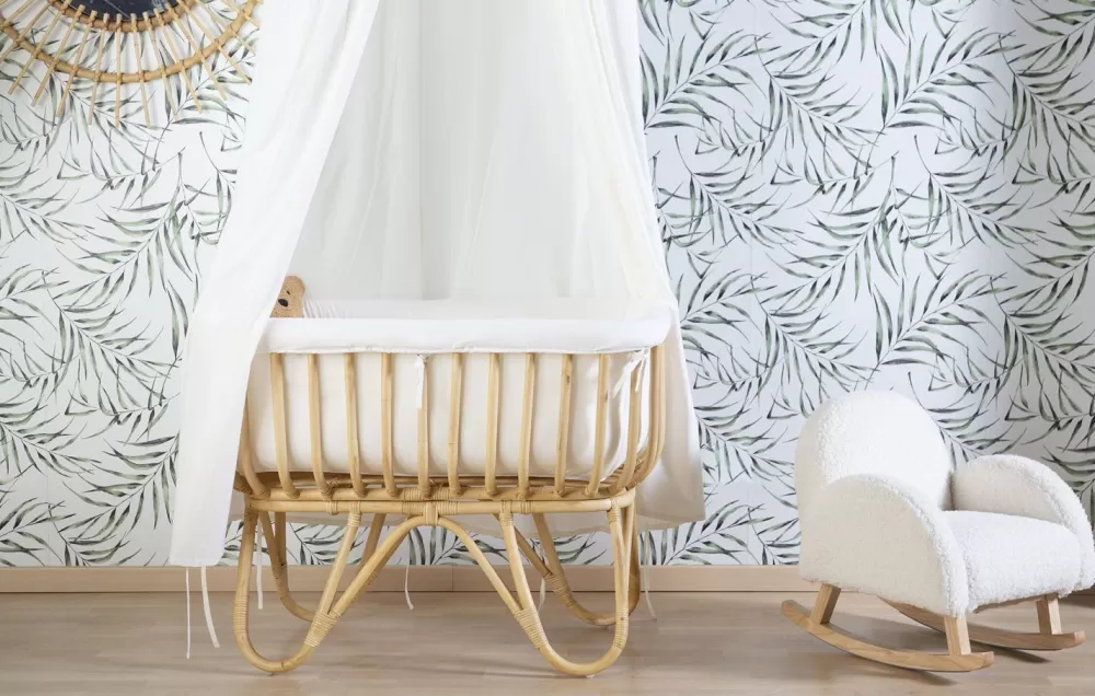 New Childhome Rattan Wieg Rechthoekig - 90X50X70 Cm + Jersey Omrander Ecru - Matras - 81X42X5 Cm